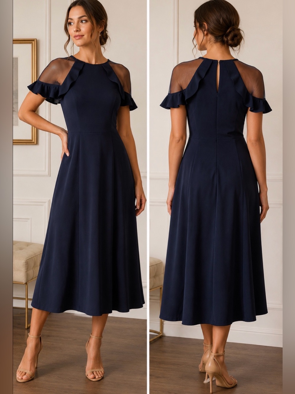 Muadress Navy Mesh Cold-Shoulder Fit & Flare Midi Dress – Size Medium